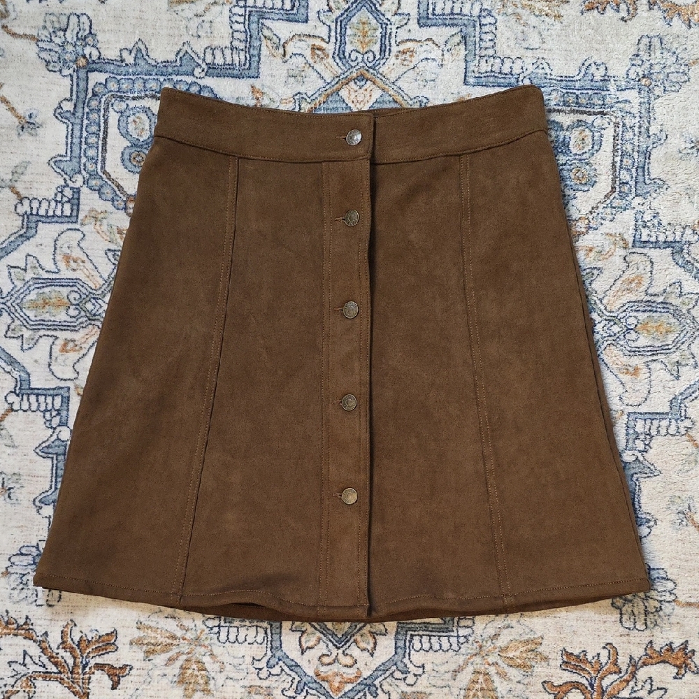 Chaps Brown Button-Down Mini Skirt Faux Suede